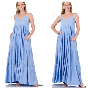 Baby Blue V-Neck Tiered Boho Pocket Maxi Dress